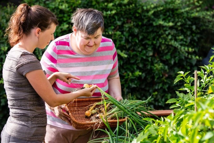 Disabled woman outside picking vegetables with carer